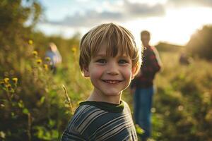 ai generato carino ragazzo con Sorridi in piedi nel il all'aperto con amico foto