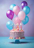 ai generato un' compleanno torta con compleanno candele e palloncini su un' blu sfondo foto
