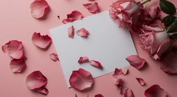 ai generato un' vuoto carta e rosa petali su un' rosa sfondo foto