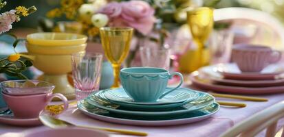 ai generato un' colorato tavolo ambientazione con rosa e blu piatti e tazze foto
