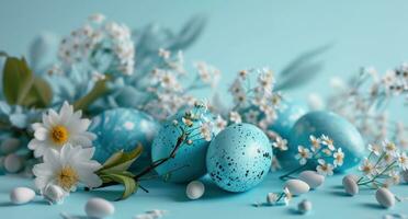 ai generato un' leggero blu sfondo con blu uova, fiori e margherite foto