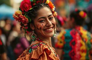 ai generato un' contento carnevale ballerino sorridente come essi camminava attraverso un' città foto