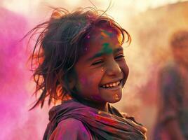 ai generato un' giovane ragazza sorridente nel colorato polvere foto