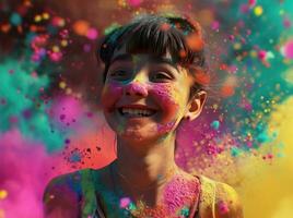 ai generato un' giovane ragazza sorridente nel colorato polvere foto