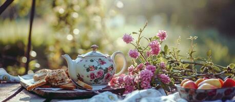 ai generato un' teiera con rosa fiori si siede Il prossimo per alcuni cibo e tè foto