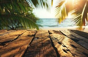 ai generato un Immagine di legna tavolo su il spiaggia con palma albero le foglie foto