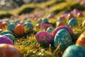 ai generato un Pasqua uovo pieno prato con colorato Pasqua uova foto