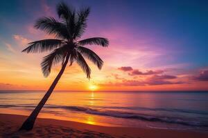 ai generato bellissimo natura tropicale spiaggia e mare con Noce di cocco palma albero a tramonto tempo per viaggio e vacanza foto