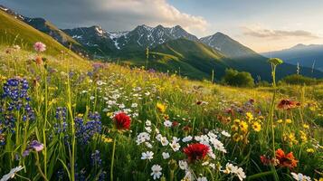 ai generato colorato prato con fiori selvatici e montagne nel il sfondo foto