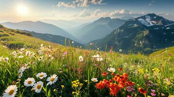 ai generato colorato prato con fiori selvatici e montagne nel il sfondo foto