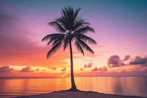 ai generato bellissimo natura tropicale spiaggia e mare con Noce di cocco palma albero a tramonto tempo per viaggio e vacanza foto