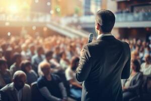 ai generato altoparlante dando un' parlare a attività commerciale conferenza. pubblico a il conferenza sala. attività commerciale e imprenditoria. foto