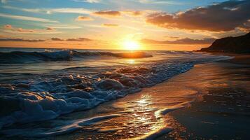 ai generato bellissimo tramonto su il spiaggia. mare onde e schizzi. foto