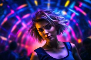 ai generato ritratto di un' bellissimo ragazza con corto capelli danza nel un' discoteca foto