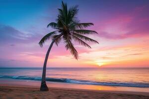ai generato bellissimo natura tropicale spiaggia e mare con Noce di cocco palma albero a tramonto tempo per viaggio e vacanza foto