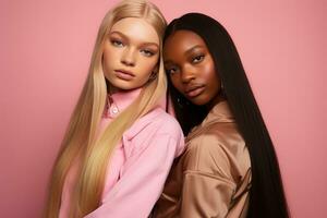 ai generato alla moda Due giovane multirazziale donne in posa insieme isolato su rosa sfondo foto