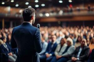 ai generato altoparlante dando un' parlare a attività commerciale conferenza. pubblico a il conferenza sala. attività commerciale e imprenditoria. foto