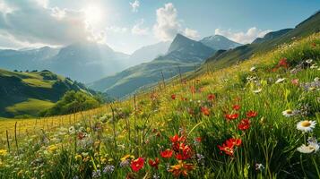 ai generato colorato prato con fiori selvatici e montagne nel il sfondo foto