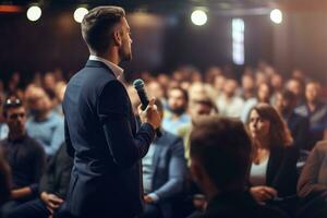 ai generato altoparlante dando un' parlare a attività commerciale conferenza. pubblico a il conferenza sala. attività commerciale e imprenditoria. foto