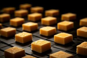 ai generato avvicinamento di un' piatto di giallo formaggio cubi. foto