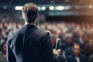 ai generato altoparlante dando un' parlare a attività commerciale conferenza. pubblico a il conferenza sala. attività commerciale e imprenditoria. foto