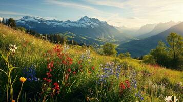 ai generato colorato prato con fiori selvatici e montagne nel il sfondo foto