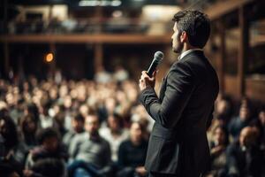 ai generato altoparlante dando un' parlare a attività commerciale conferenza. pubblico a il conferenza sala. attività commerciale e imprenditoria. foto