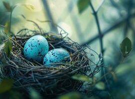 ai generato blu Pasqua uova siamo nel il nido Pasqua foto