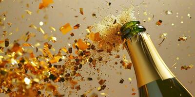 ai generato Champagne bottiglia scoppiando con d'oro coriandoli su un' beige sfondo foto