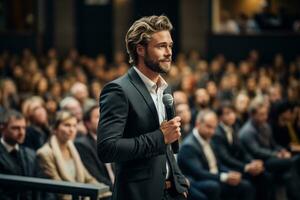 ai generato altoparlante dando un' parlare a attività commerciale conferenza. pubblico a il conferenza sala. attività commerciale e imprenditoria. foto