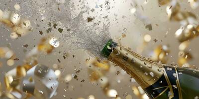 ai generato Champagne bottiglia scoppiando con d'oro coriandoli su un' beige sfondo foto