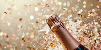 ai generato Champagne bottiglia scoppiando con d'oro coriandoli su un' beige sfondo foto