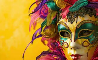 ai generato colorato carnevale maschera su il giallo sfondo foto