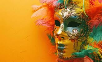 ai generato colorato maschera su arancia sfondo con colorato piume foto