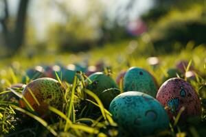 ai generato colorato Pasqua uova nel un' nido su un' di legno tavolo foto