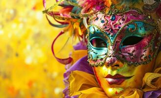 ai generato colorato carnevale maschera su il giallo sfondo foto