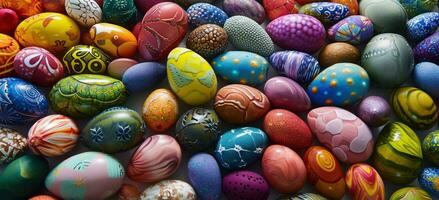 ai generato colorato Pasqua uova siamo disposte nel vario modelli foto