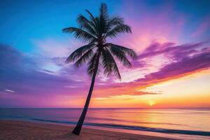 ai generato bellissimo natura tropicale spiaggia e mare con Noce di cocco palma albero a tramonto tempo per viaggio e vacanza foto