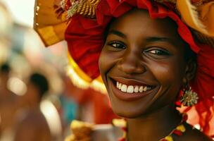 ai generato carnevale ragazza sorridente per il telecamera a un' parata foto