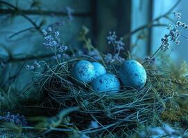 ai generato blu Pasqua uova siamo nel il nido Pasqua foto