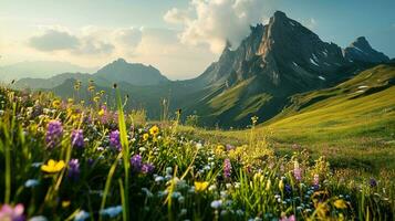 ai generato colorato prato con fiori selvatici e montagne nel il sfondo foto