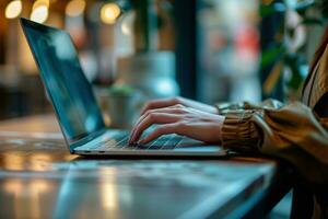 ai generato vicino su di femmina mani digitando su il computer portatile tastiera a tavolo nel bar foto