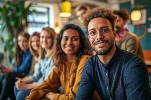 ai generato gruppo di attività commerciale persone avendo un' incontro a creativo ufficio foto