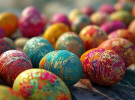 ai generato molti colorato Pasqua uova impostato su un' tavolo, foto