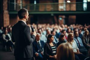 ai generato altoparlante dando un' parlare a attività commerciale conferenza. pubblico a il conferenza sala. attività commerciale e imprenditoria. foto