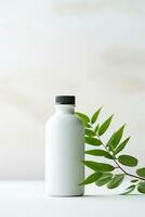 ai generato vuoto cosmetico bottiglia con verde le foglie su bianca sfondo foto