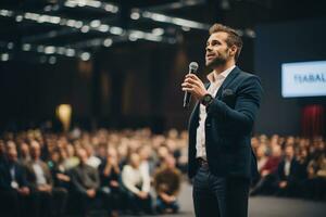 ai generato altoparlante dando un' parlare a attività commerciale conferenza. pubblico a il conferenza sala. attività commerciale e imprenditoria. foto