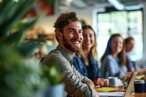 ai generato gruppo di attività commerciale persone avendo un' incontro a creativo ufficio foto