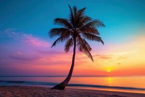 ai generato bellissimo natura tropicale spiaggia e mare con Noce di cocco palma albero a tramonto tempo per viaggio e vacanza foto
