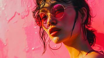 ai generato Immagine di un' donna con rosa occhiali da sole su rosa foto